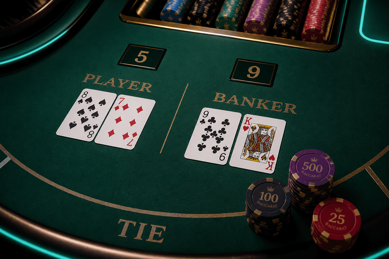 Premium baccarat table with cards and chips