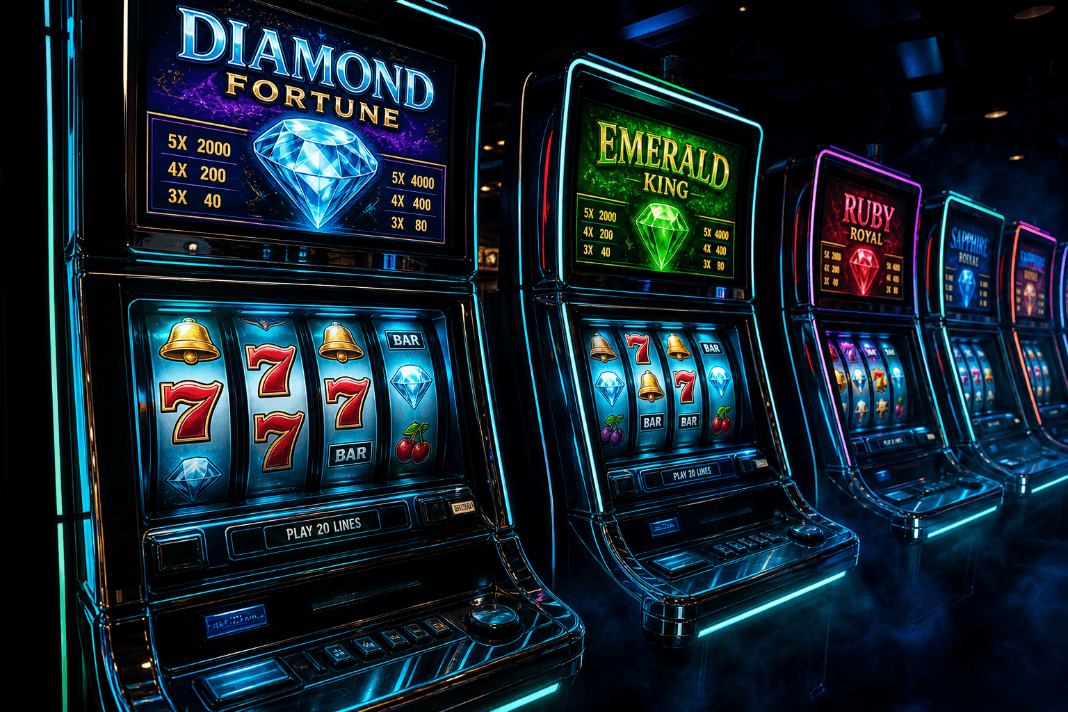 Premium digital slot machines glowing on a dark casino floor