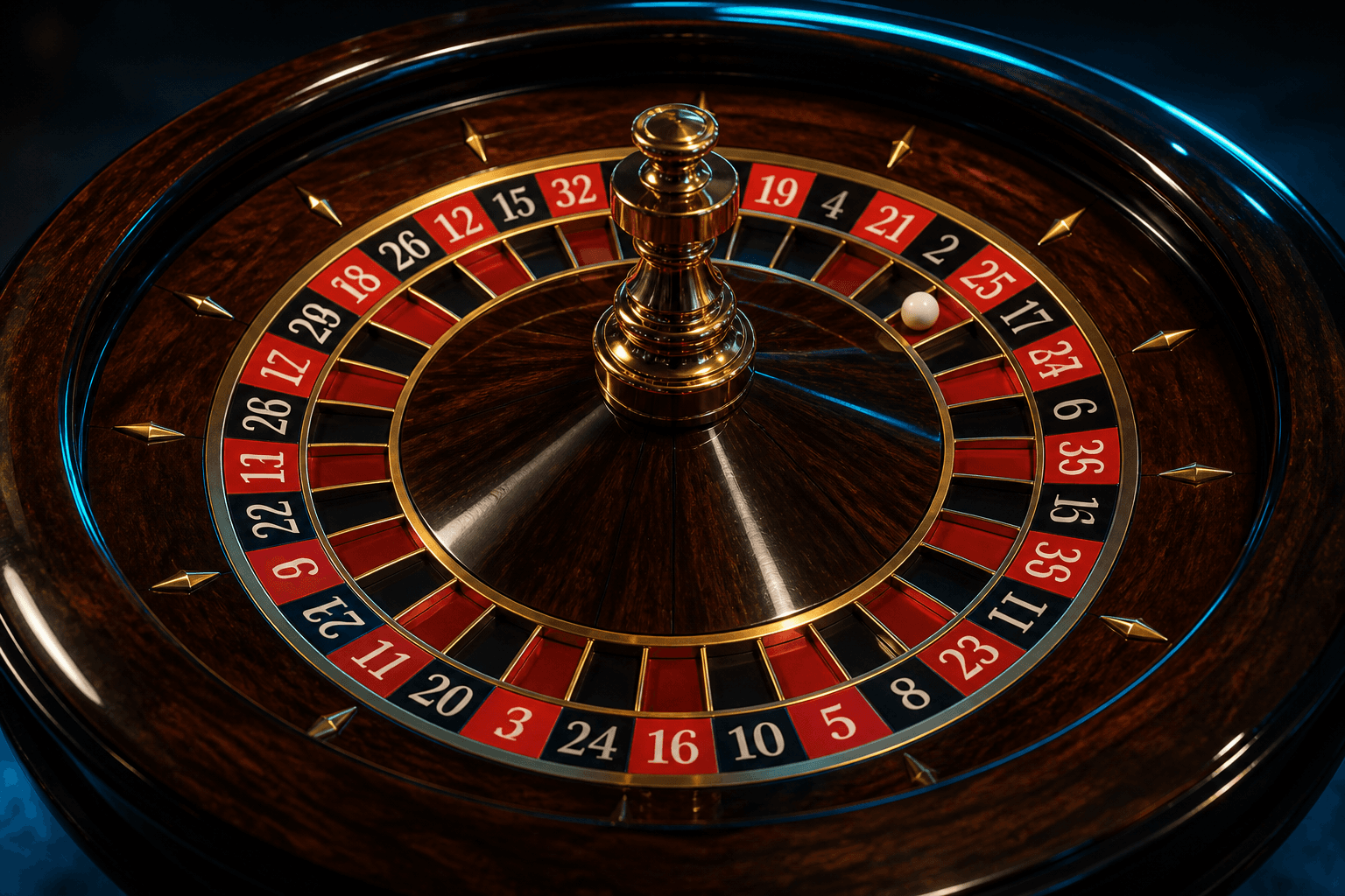 Close-up of a premium roulette wheel with the ball in play