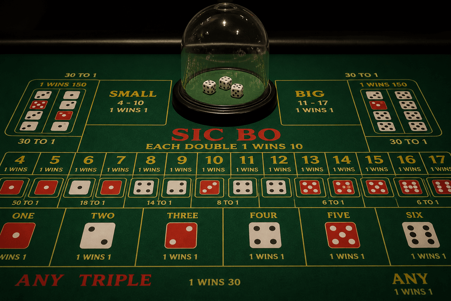 Sic Bo dice bowl on a casino betting layout