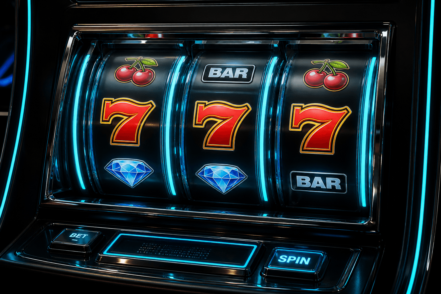 Digital slot machine reels showing a triple seven win