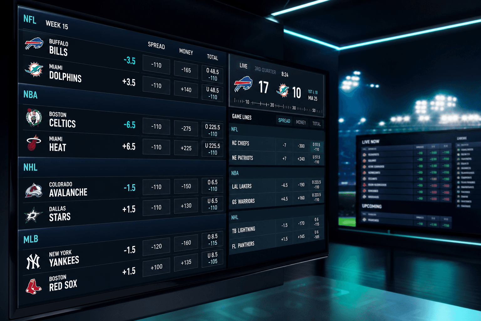 Sportsbook LED boards showing live match odds