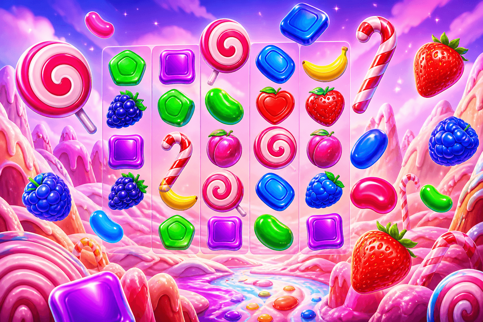 Sweet Bonanza inspired candy and fruit slot artwork